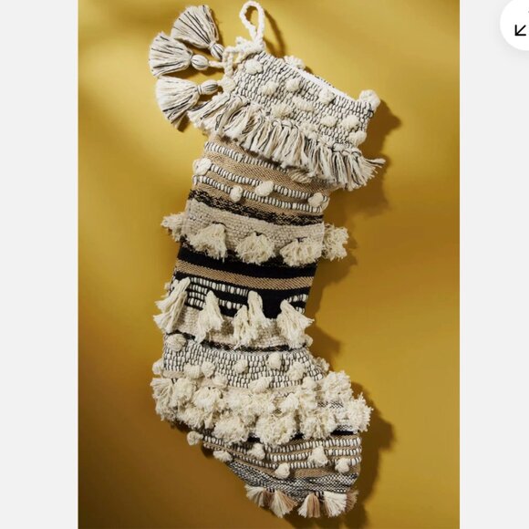 NEW Anthropologie All Roads Textured Stocking Tasseled Cream Black Rustic Boho - Picture 2 of 4